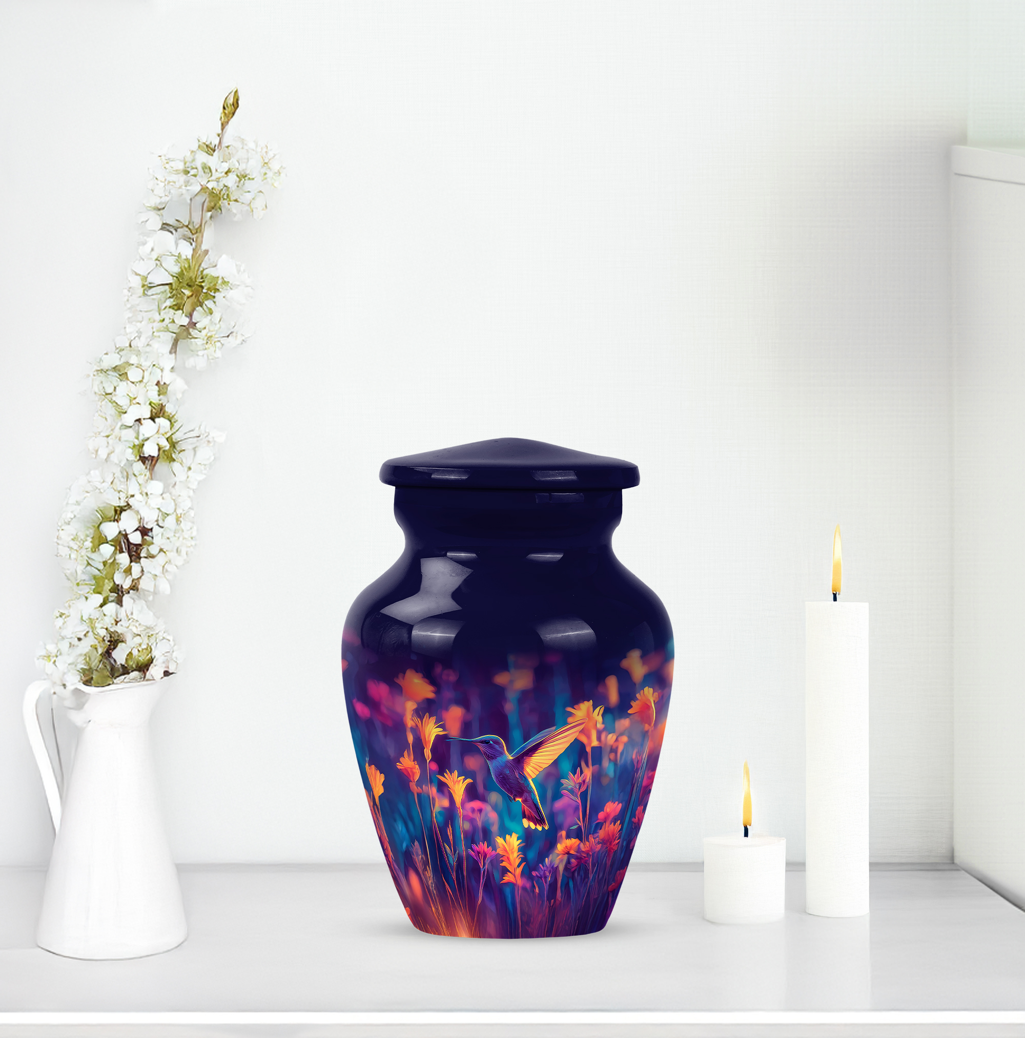 MUKTIVE Hummingbird Urns for Human Ashes for Men & Women 3 Inch - Yellow Flowers keepsake Urn for Ashes Adult Male - Cremation Urns for Burial, Funeral & Memorial - Dark Blue Samll Urn for Dad & Mom