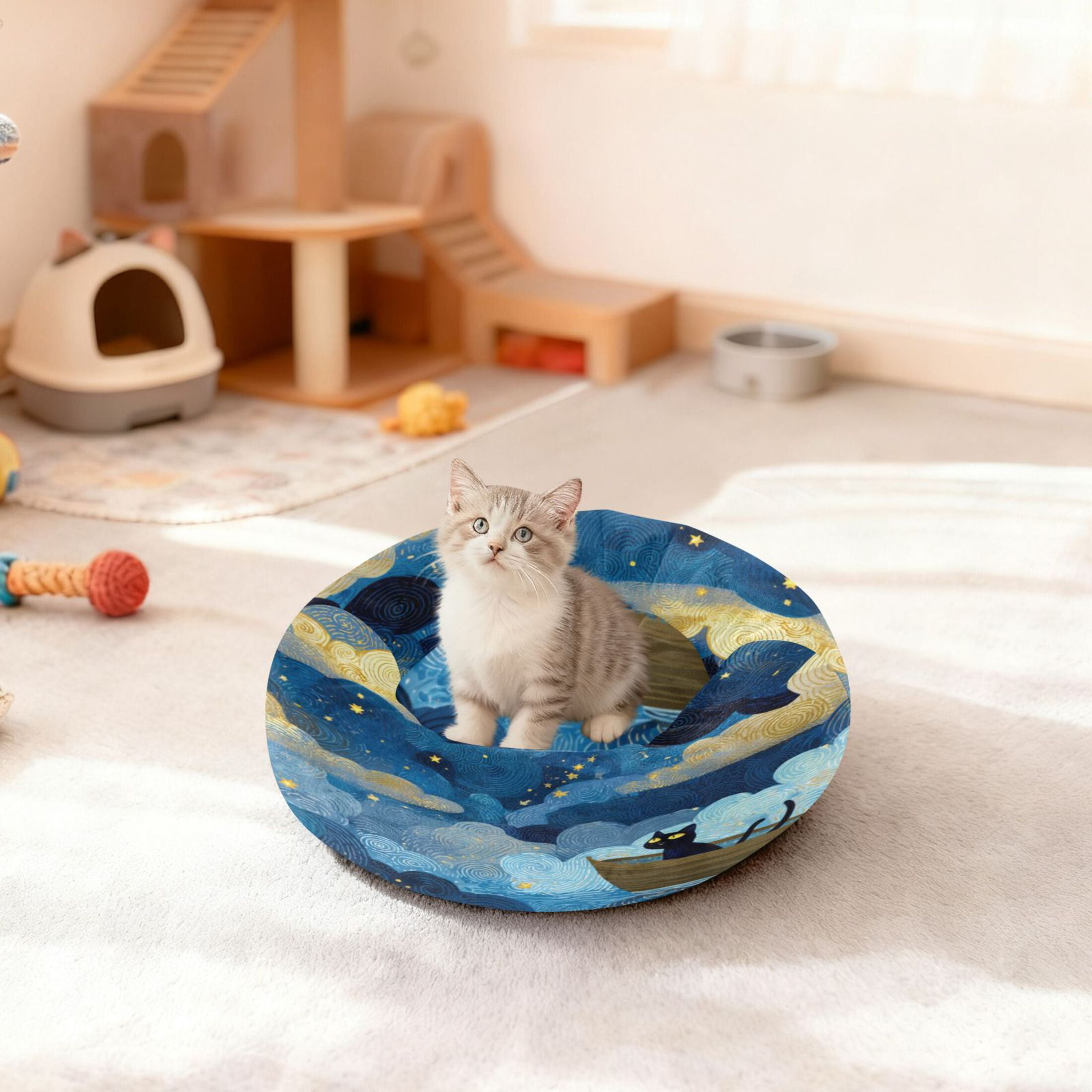 Iauyy Pet Couch Donut Cat Bed for Indoor Cats/Small Dogs Washable & Machine with Non-slip Bottom Calming Cat Furniture, Cat Is Rowing Boat (M)