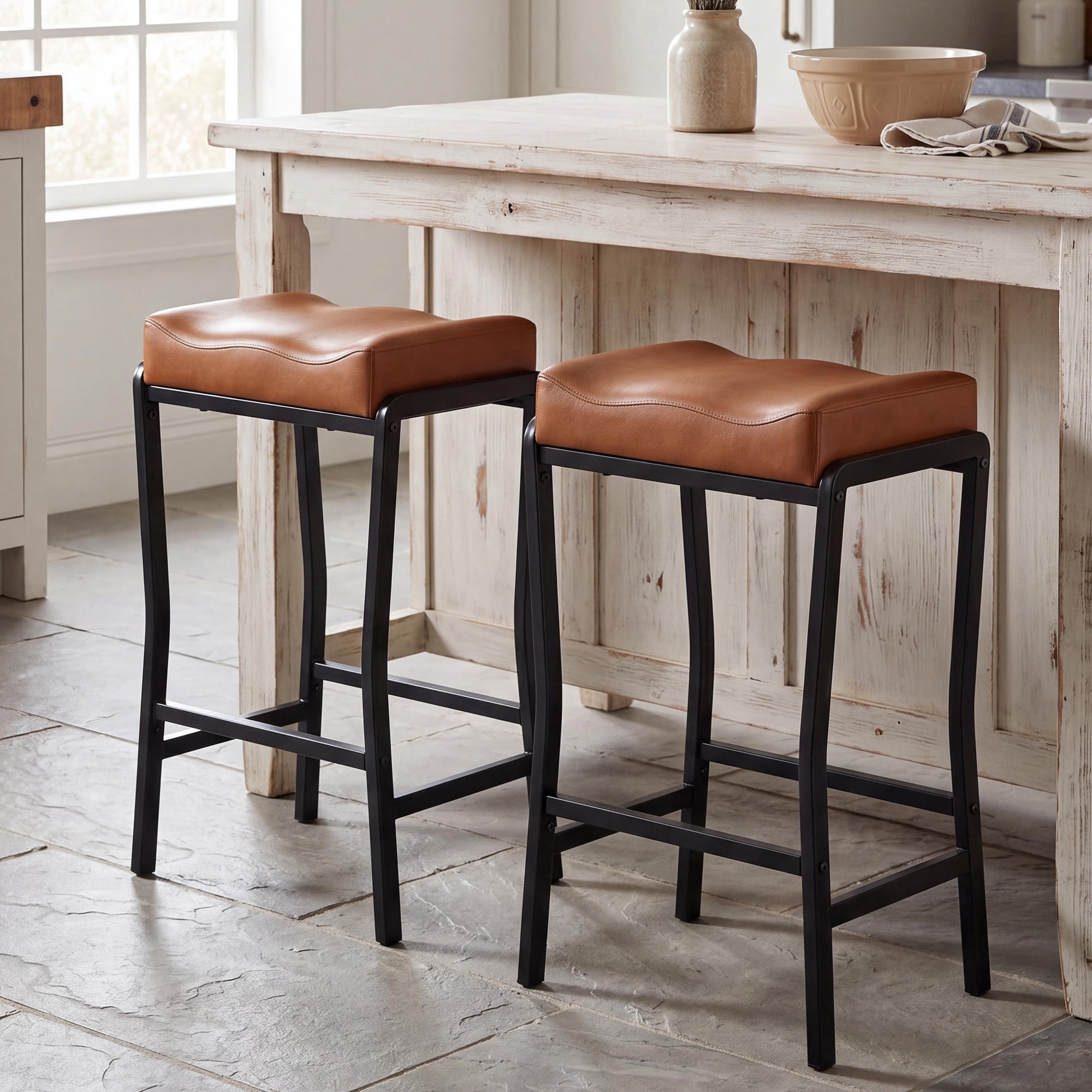 Set of 2 Modern Counter Height Bar Stools, 26 Inch Faux Leather Saddle Seats, Sturdy Black Metal Frame with Footrest, for Kitchen Island and Dining Room, Black