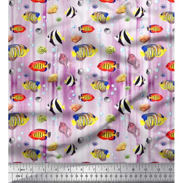 Soimoi Polyester Crepe Fabric Fish & Shells Ocean Fabric Prints by Yard 52 Inch Wide