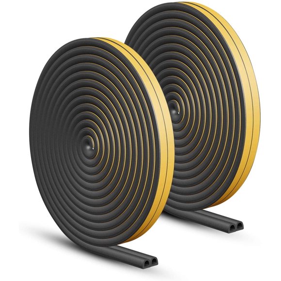 Door Weather Stripping, Window Seal Strip for Doors and Windows- Self-adhisive Foam Weather Strip Door Seal | Soundproof Seal Strip for Cracks and Gaps D Type (20m) 2 Pack (Black)