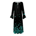 thumbnail image 4 of pstuiky Dresses for Women, Women Button Flower Print Pleated Dress Long Sleeve V-Neck Dress Mid-Calf Dress with Pocket Leisure Green XXL, 4 of 5