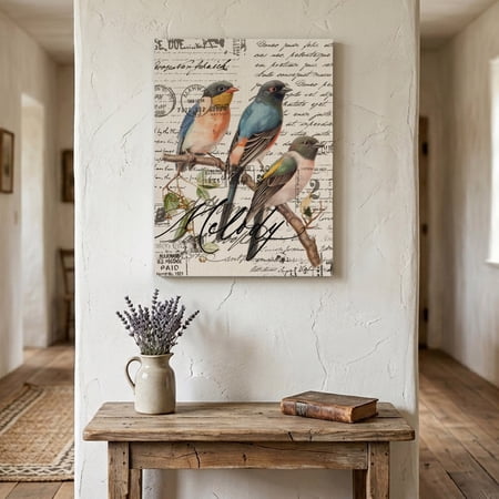 Ships Next Day Canvas Wall Art 16 x24 Country Birds Wood Framed Canvas Print Painting Envelope Postmark Vintage Farmhouse Botancial Ready to Hang Picture Wall Decor for Bedroom Living Room Dining