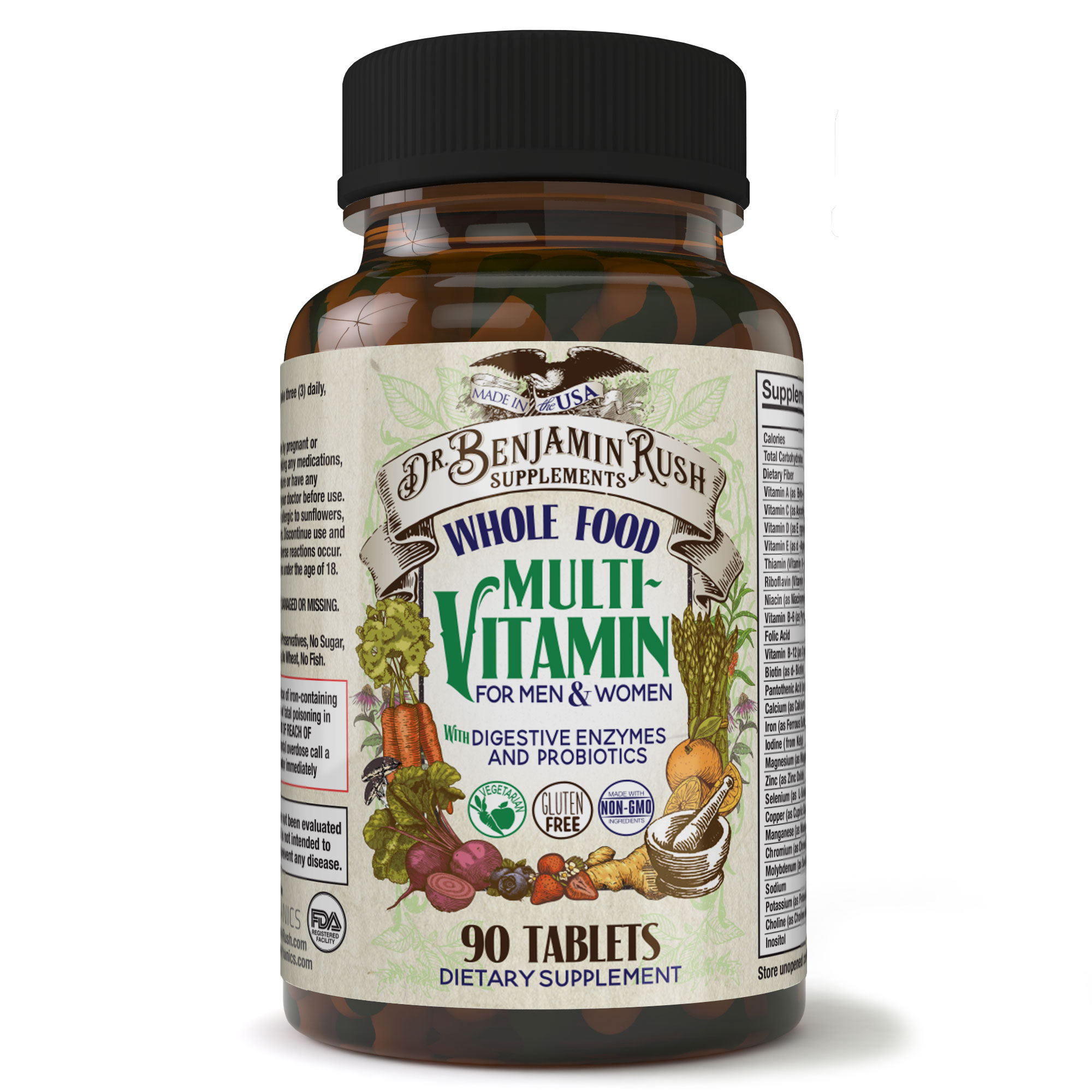 Dr. Benjamin Rush Natural Whole Food Daily Multivitamin and Probiotic for  Men & Women. All-in-One Non-GMO Superfood Vegetarian - Best for Energy, ...