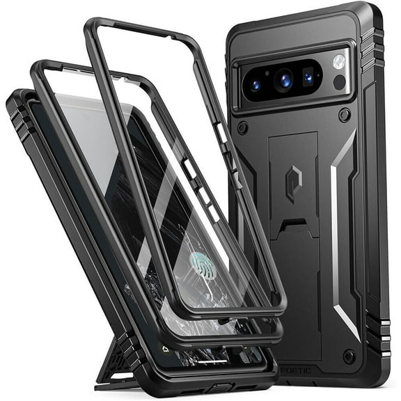 Poetic Revolution Case Compatible with Pixel 8 Pro 5G, Full Body Rugged Shockproof Protective Cover Case with Kickstand, Built-in Screen Protector Work with Fingerprint ID, Black