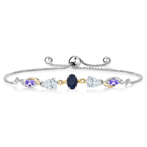 Gem Stone King 925 Silver and 10K Yellow Gold Blue Sapphire White Moissanite Blue Tanzanite and Lab Grown Diamond Tennis Bracelet for Women By Keren Hanan (1.66 cttw, Adjustable up To 9 inch)