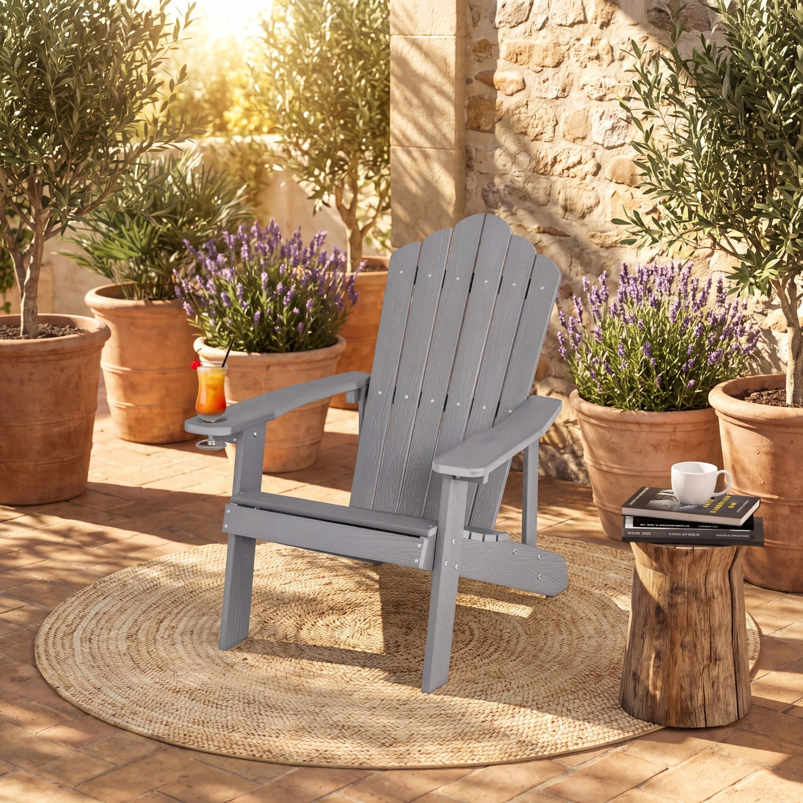 Furnibear Weather Resistant HIPS Outdoor Adirondack Chair with Hidden Cup Holder and High Backrest for Garden Patio and Poolside, Gray