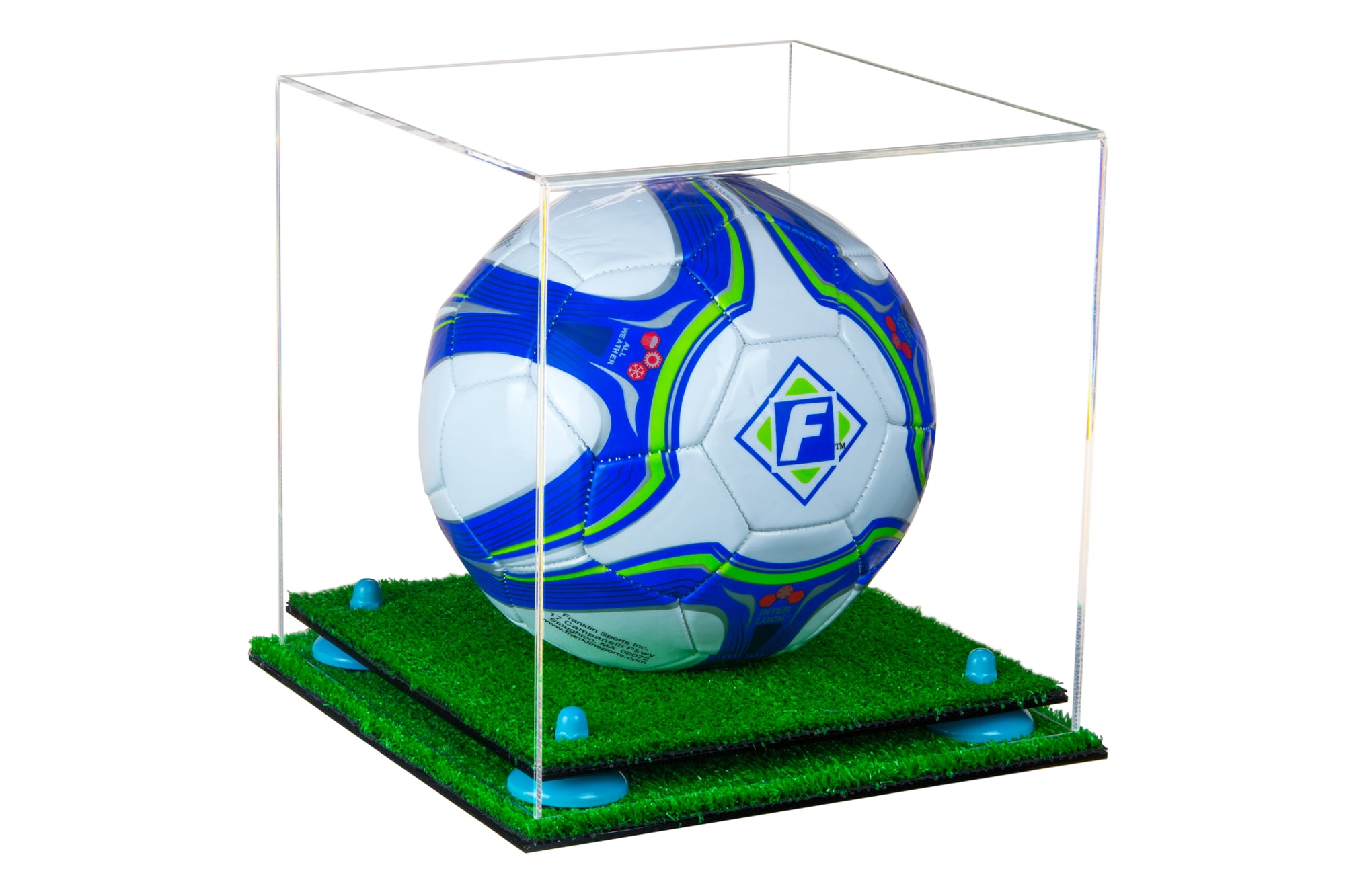 Deluxe Clear Acrylic Soccer Ball Display Case with Blue Risers and Turf