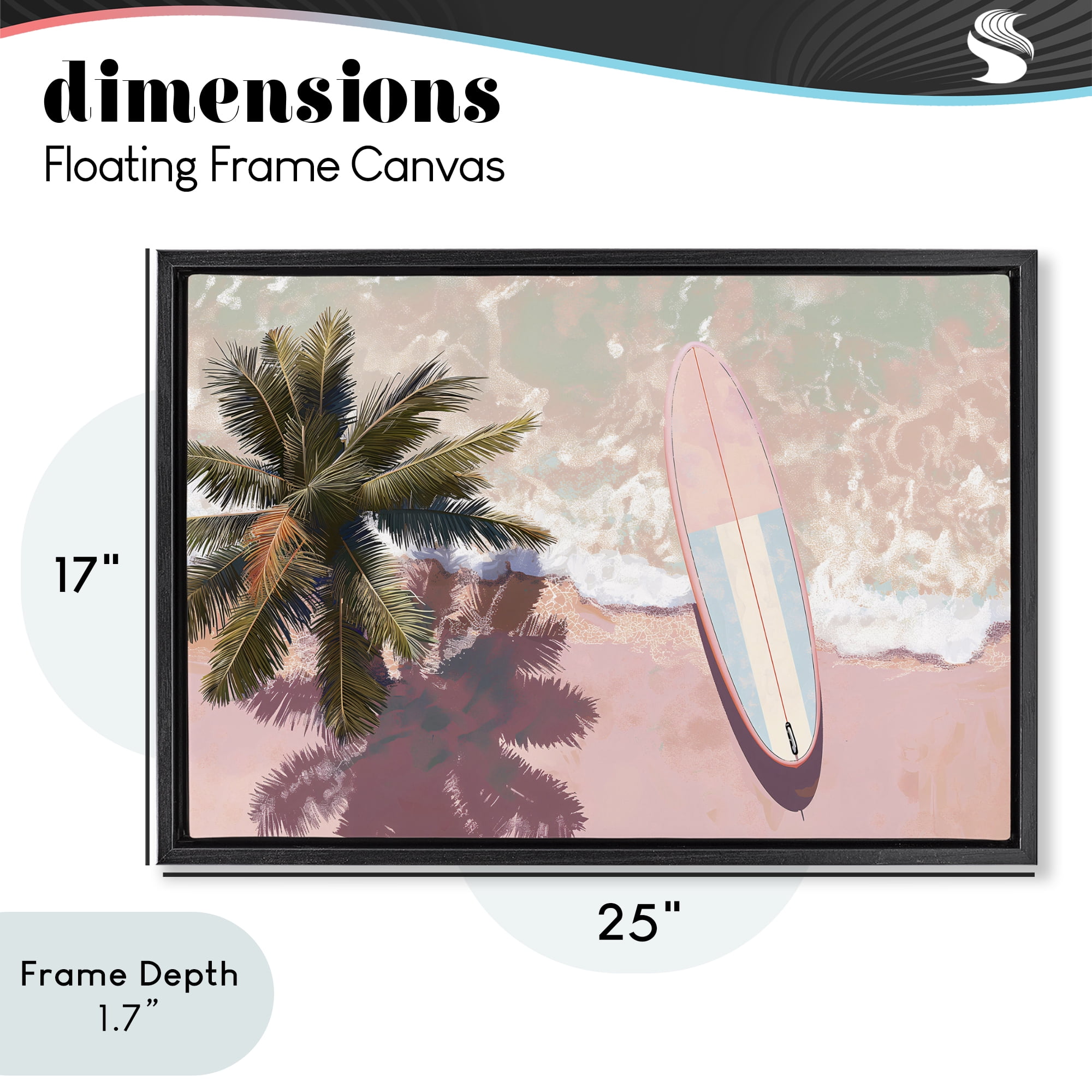 Stupell Industries Blush Pink Surfboard & Palm Black Framed Floater Canvas Wall Art, design by Jacky Ngan