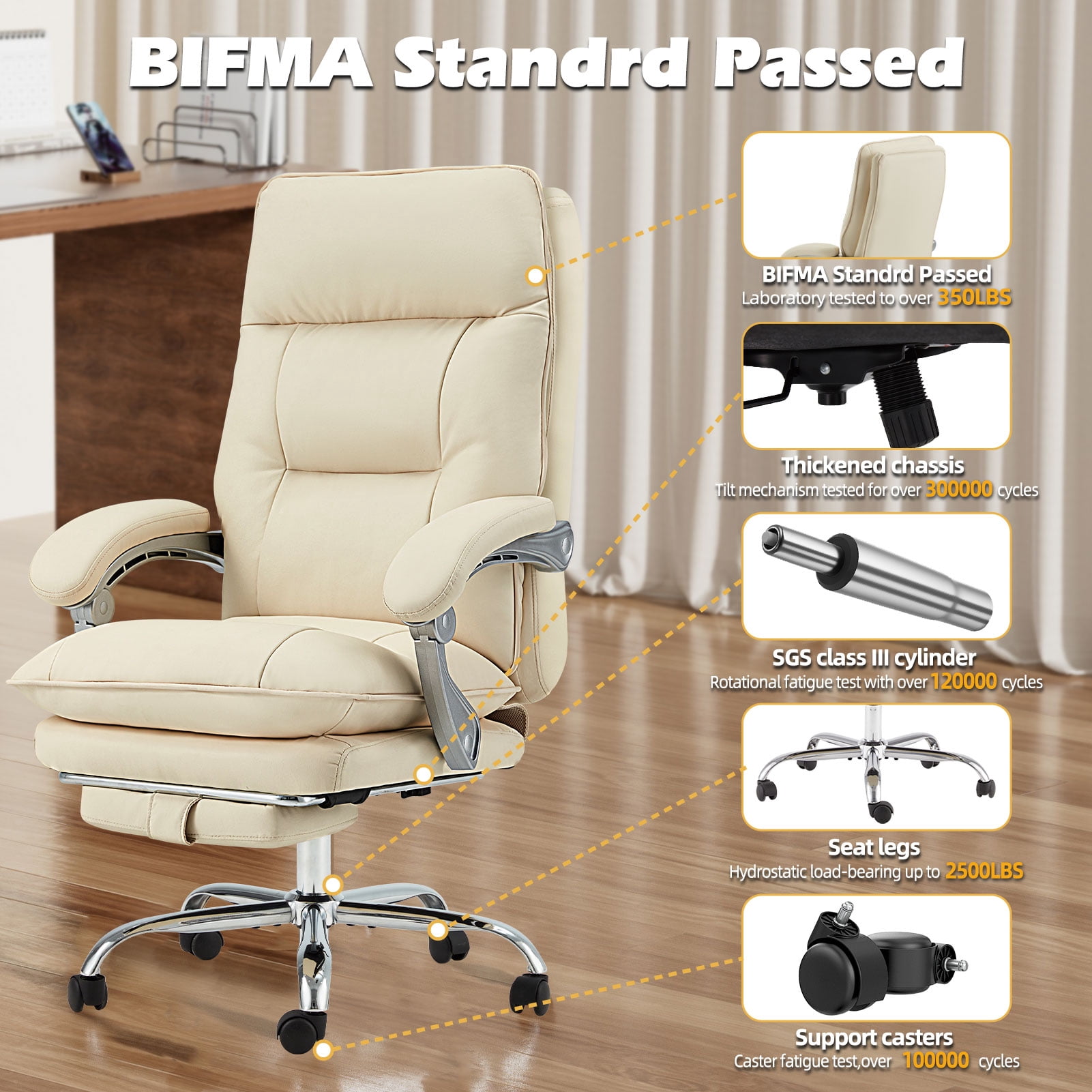 zzw Reclining Big and Tall Office Chair with Footrest - 350 lbs Capacity High Back Ergonomic Executive Desk Chair for Home and Gaming, White