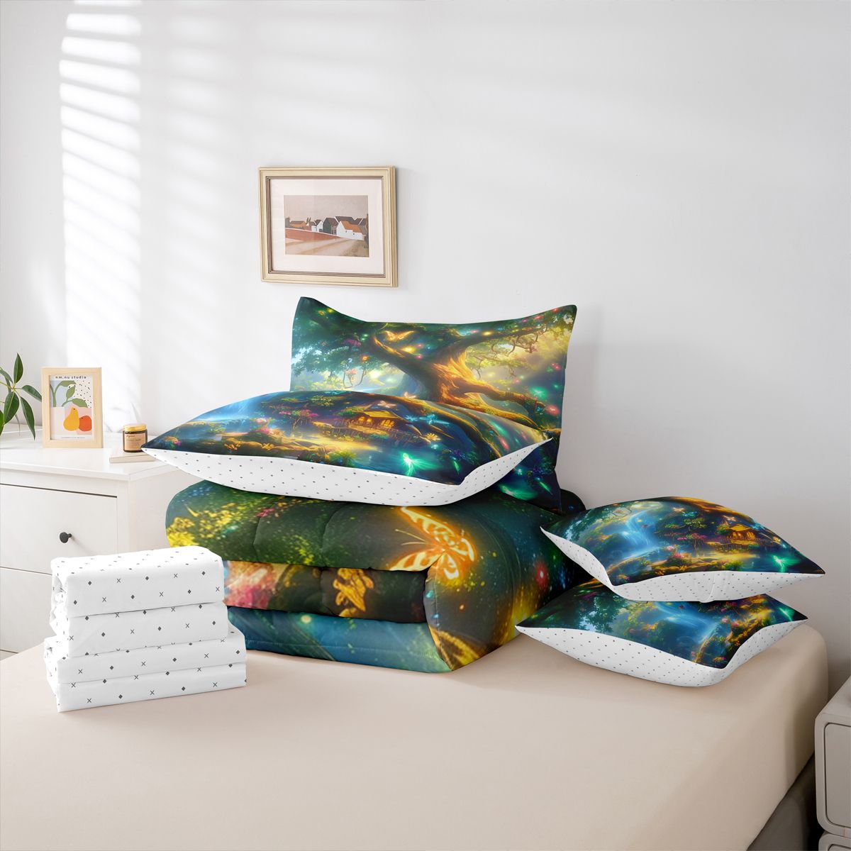 Homewish Natural Scenery 7-Piece Twin Bedding Sets,Neon Dreamy Butterfly Bedding Comforter Set,Blue Green Gold Sheet Sets For Girls Kids,Luxury Bedroom Decor Reversible