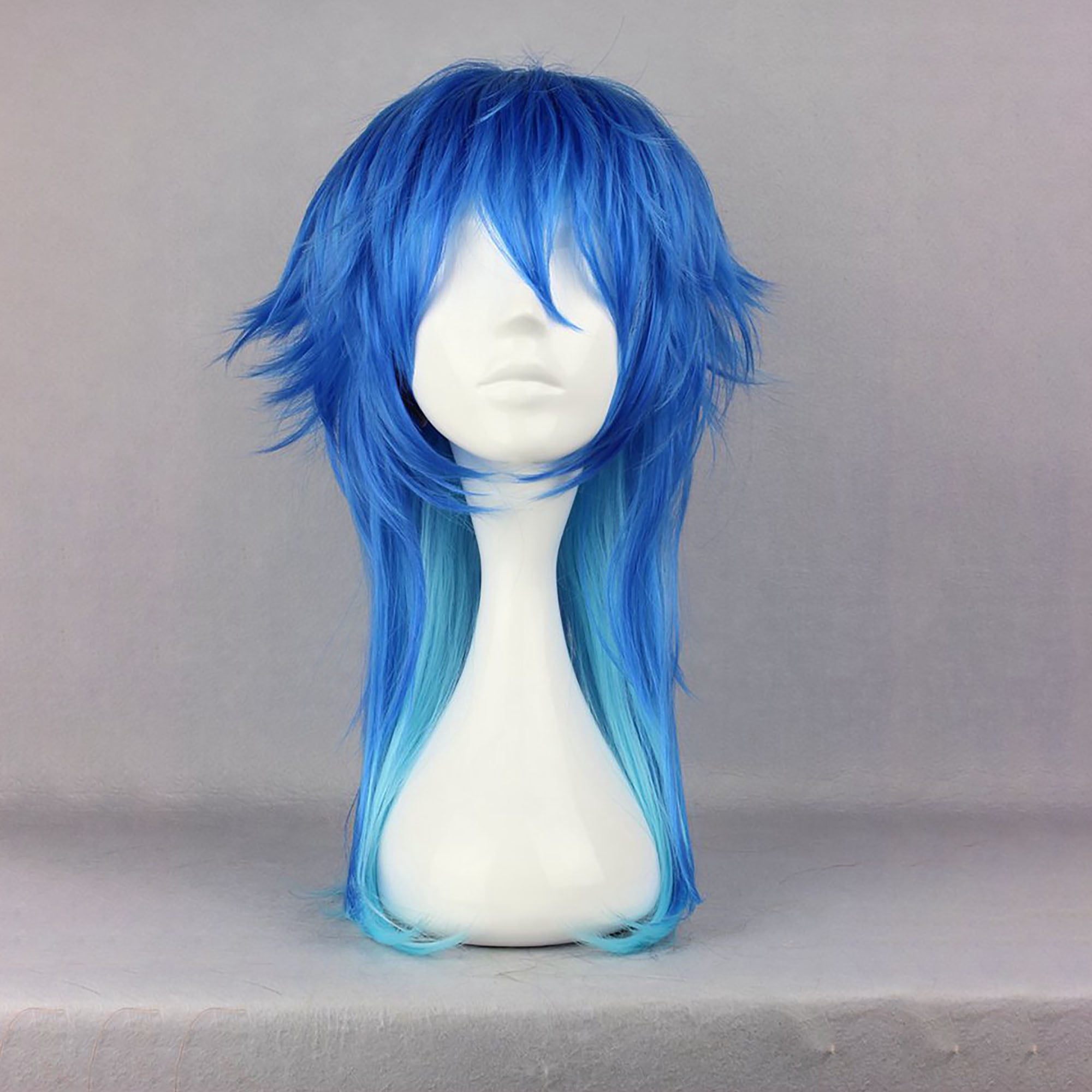 Unique Bargains Human Hair Wigs for Women Curly Long Wig with Wig Cap 24" Blue Gradient