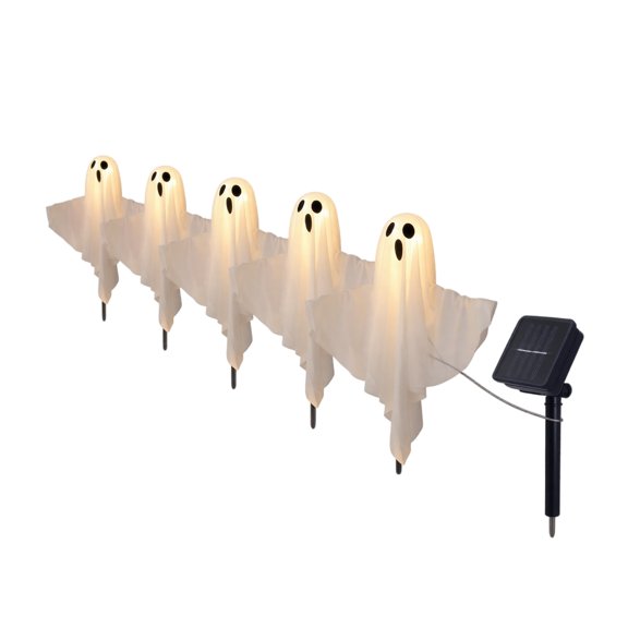 Solar Powered Halloween Ghost Lights with Stake Design, 5-Pack, Warm White, for Outdoor Yard, Halloween Decoration