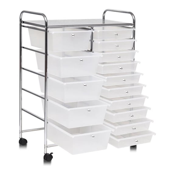 Pemberly Row Scrapbook Paper Rolling Storage Cart with 15 Drawers in Clear