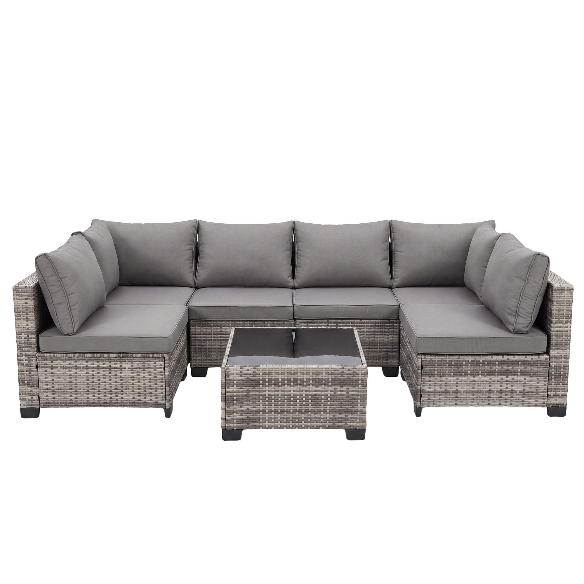 MOLIBYME 7 Pcs Outdoor Patio Furniture Set, Modular Outdoor Sectional Wicker Conversation Set, Rattan Sofa Set with Glass Table and Washable Cushion Covers, Light Gray