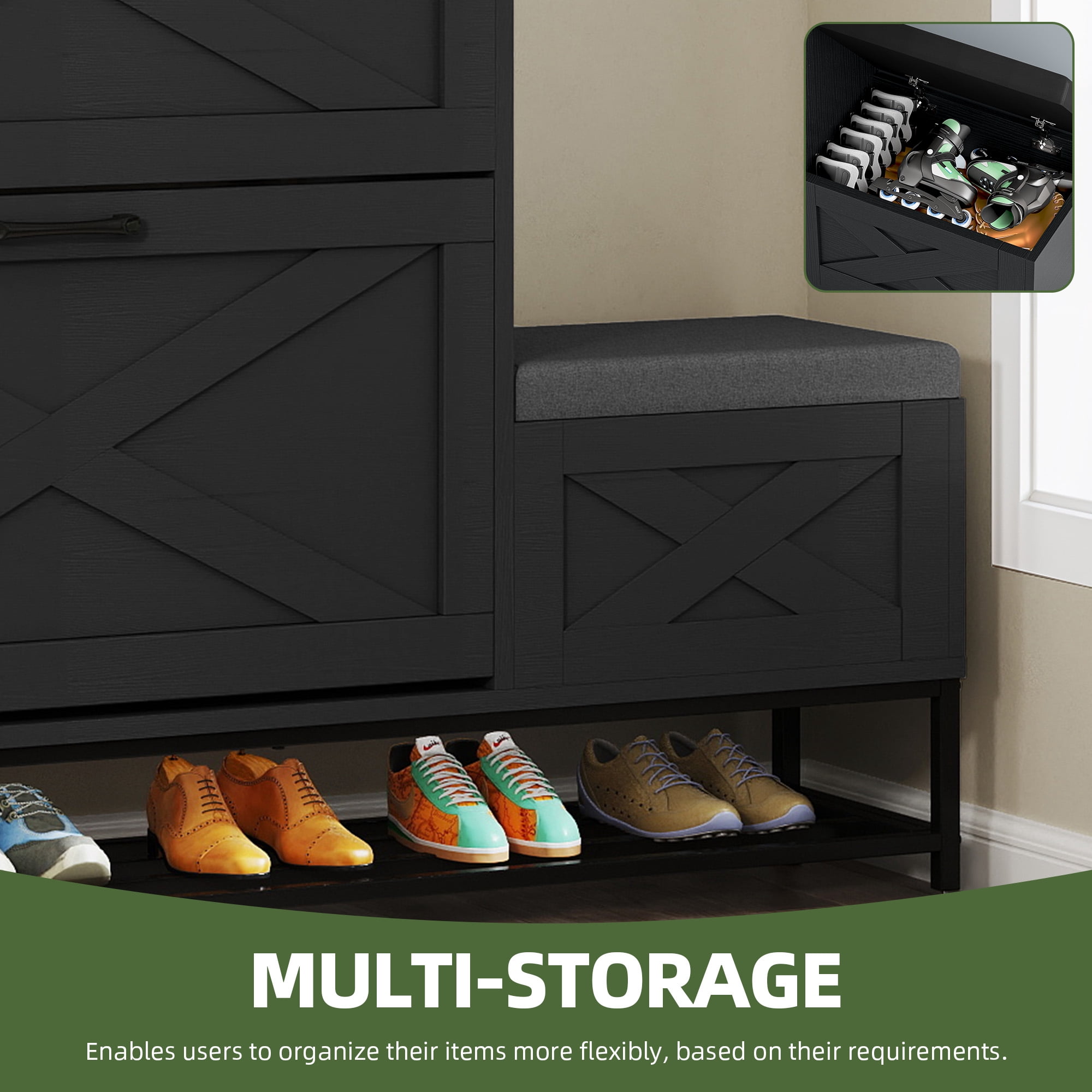 Uforic Farmhouse Narrow Slim Shoe Storage Cabinet with 2 Flip Drawers&Shoe Bench for 16 Pairs for Entryway, Foyer, Black