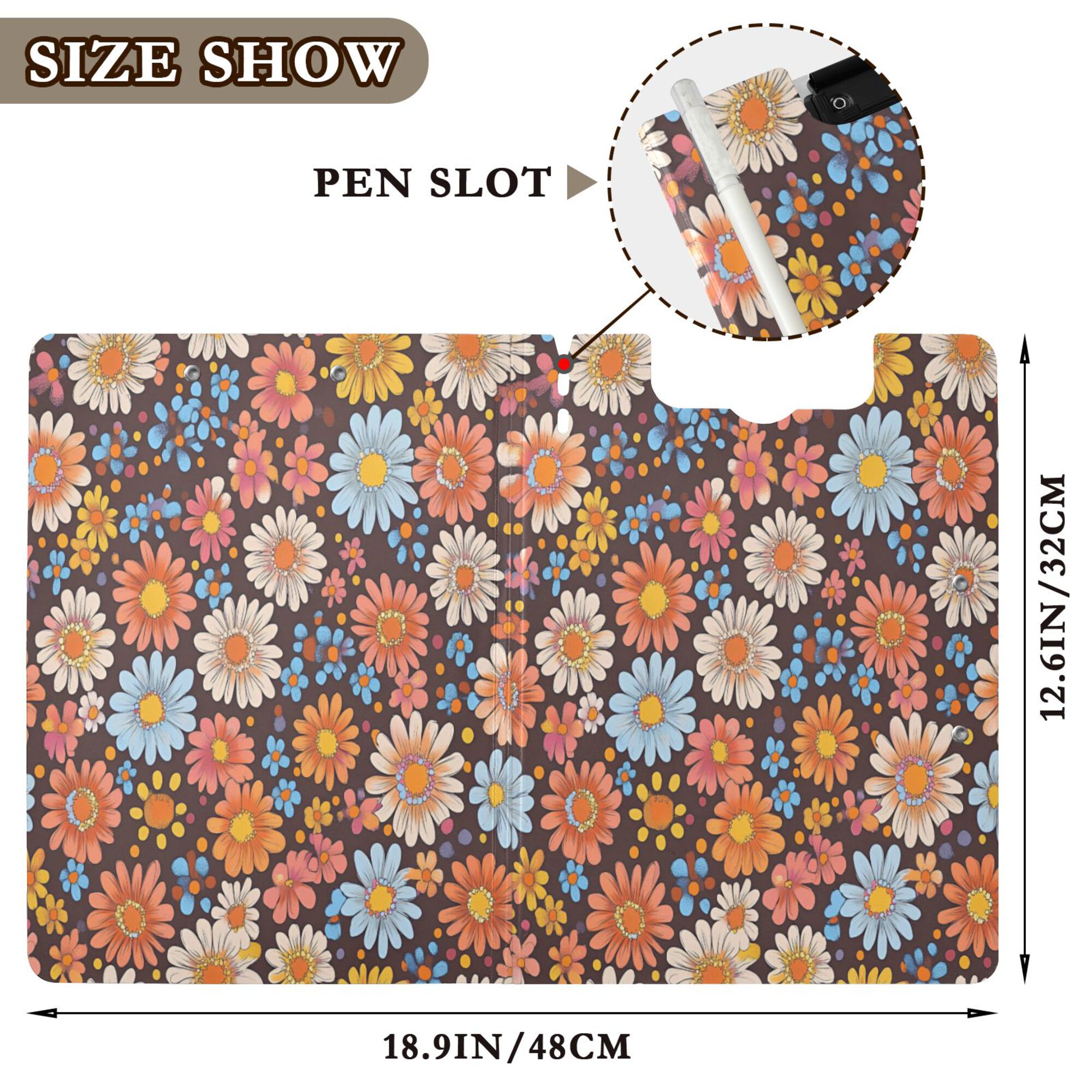 FORMRS A4 Clipboard Folder with Pen Holder Horizontal Foldable School Office Binder, Colorful Flowers