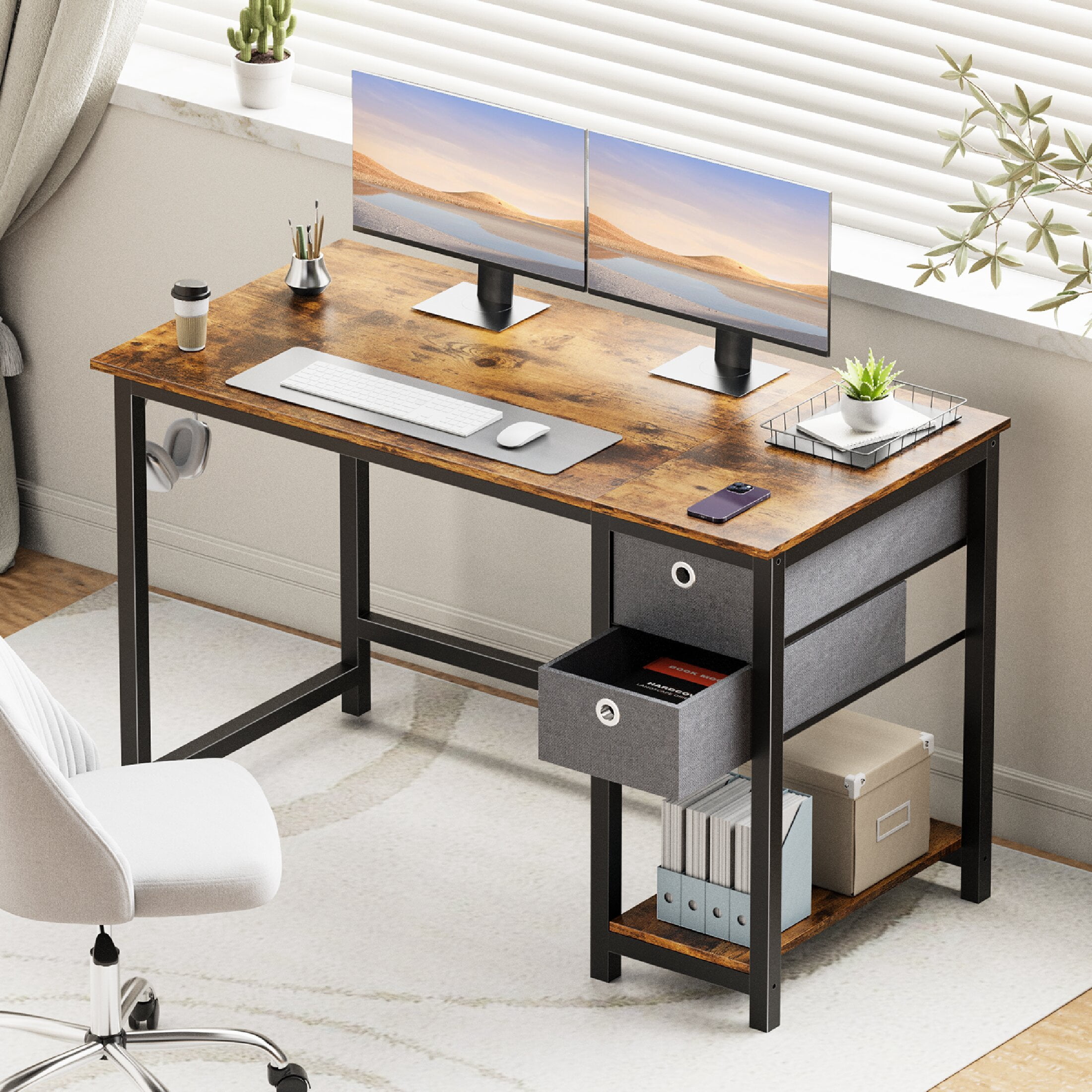 CONCETTA Computer Desk with Storage Drawers, For Office Home Bedroom, With 2-Tier Drawer, 47 Inch - Brown