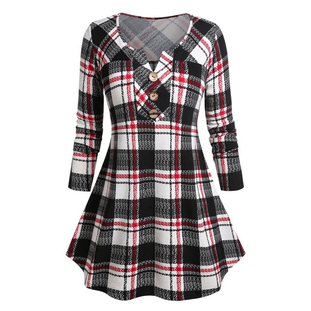 Camiseta Swing Talla Extra a Cuadros Rosegal Mangas largas de talla grande