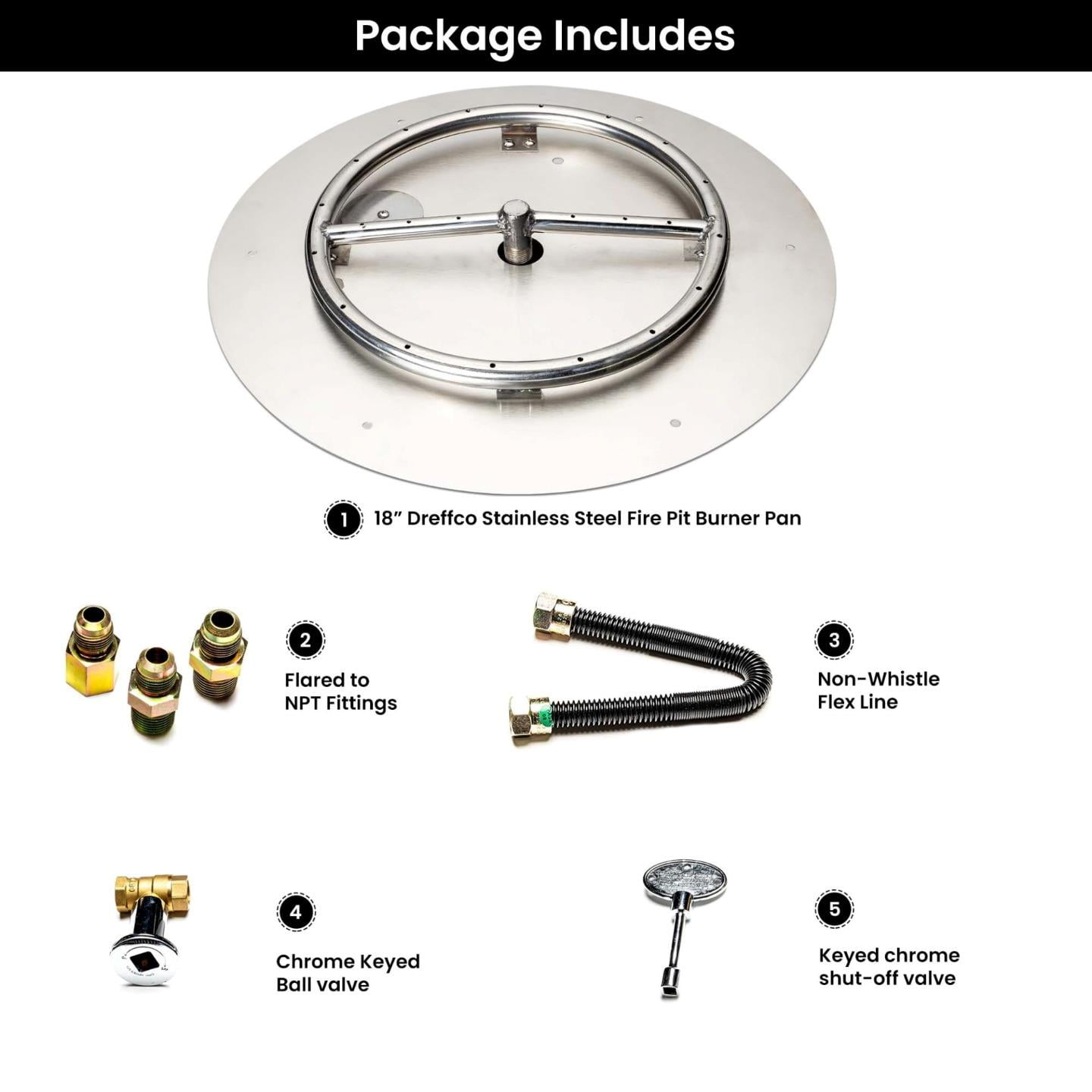 Dreffco Outdoor Fire Pit Stainless Steel Burner 18 Inch Round 90,000 BTU Natural Gas Connection Kit