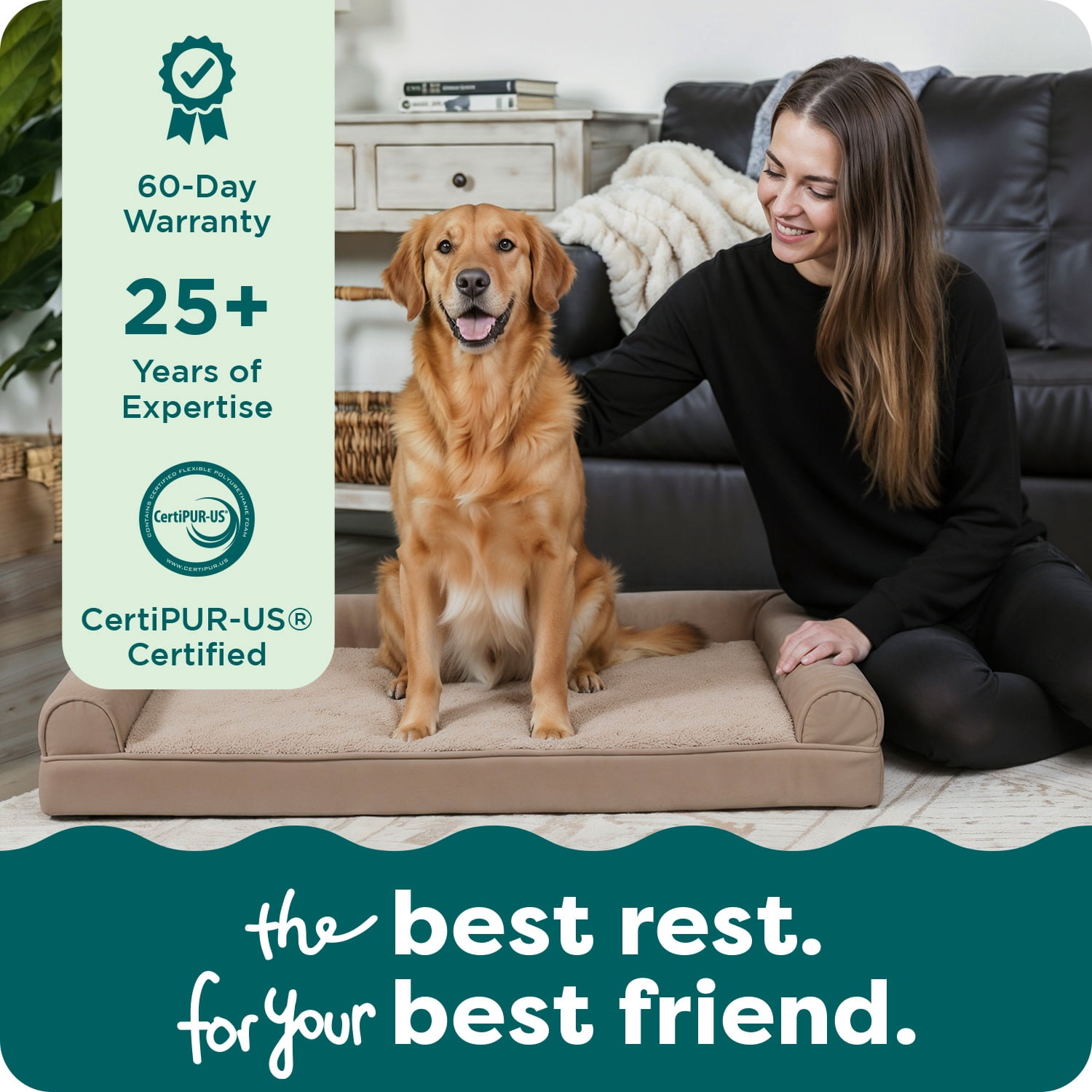 FurHaven Pet Products Medium Plush & Performance Linen Orthopedic Sofa Dog Bed, Flax