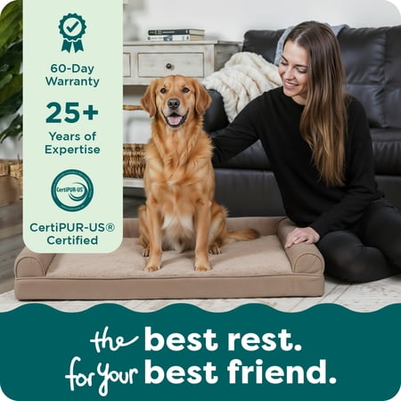 FURHAVEN PLUSH & PERFORMANCE LINEN ORTHOPEDIC SOFA PET BED FOR DOGS & CATS – FLAX, LARGE