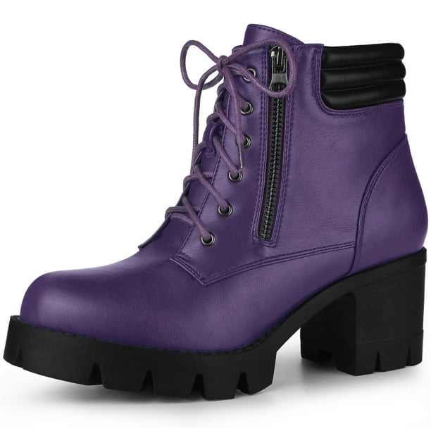 Botines De Combate Talón De Bloque Cremallera Lateral Punta Redonda Para Mujer Morado 37