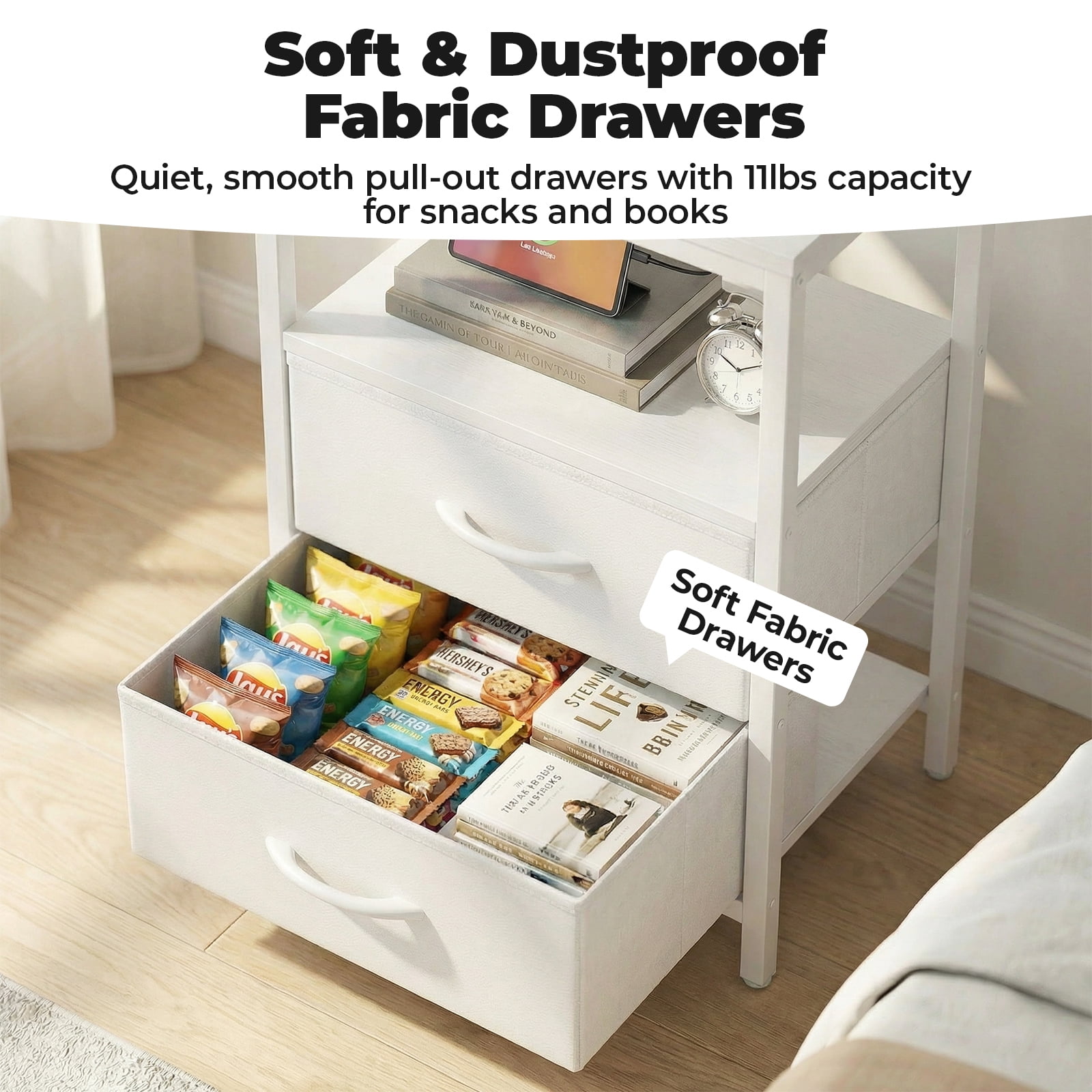Alvantor Bedside Table Charging Station Nightstand with Fabric Drawers, End Side Table for Bedroom Living Room