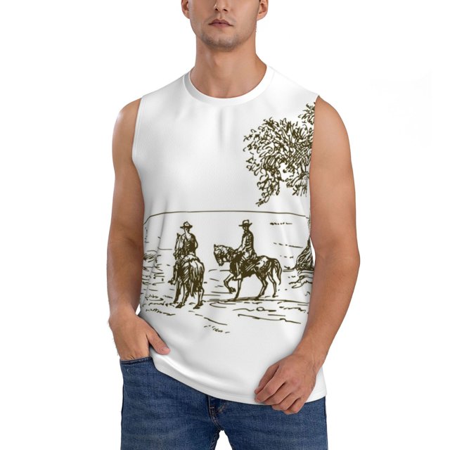 Fotbe Cowboys Riding A Horse Near A Tree Men's Camiseta sin Mangas Estampada para Hombres, Playera Casual para Gimnasio, Entrenamiento, Playa-Small