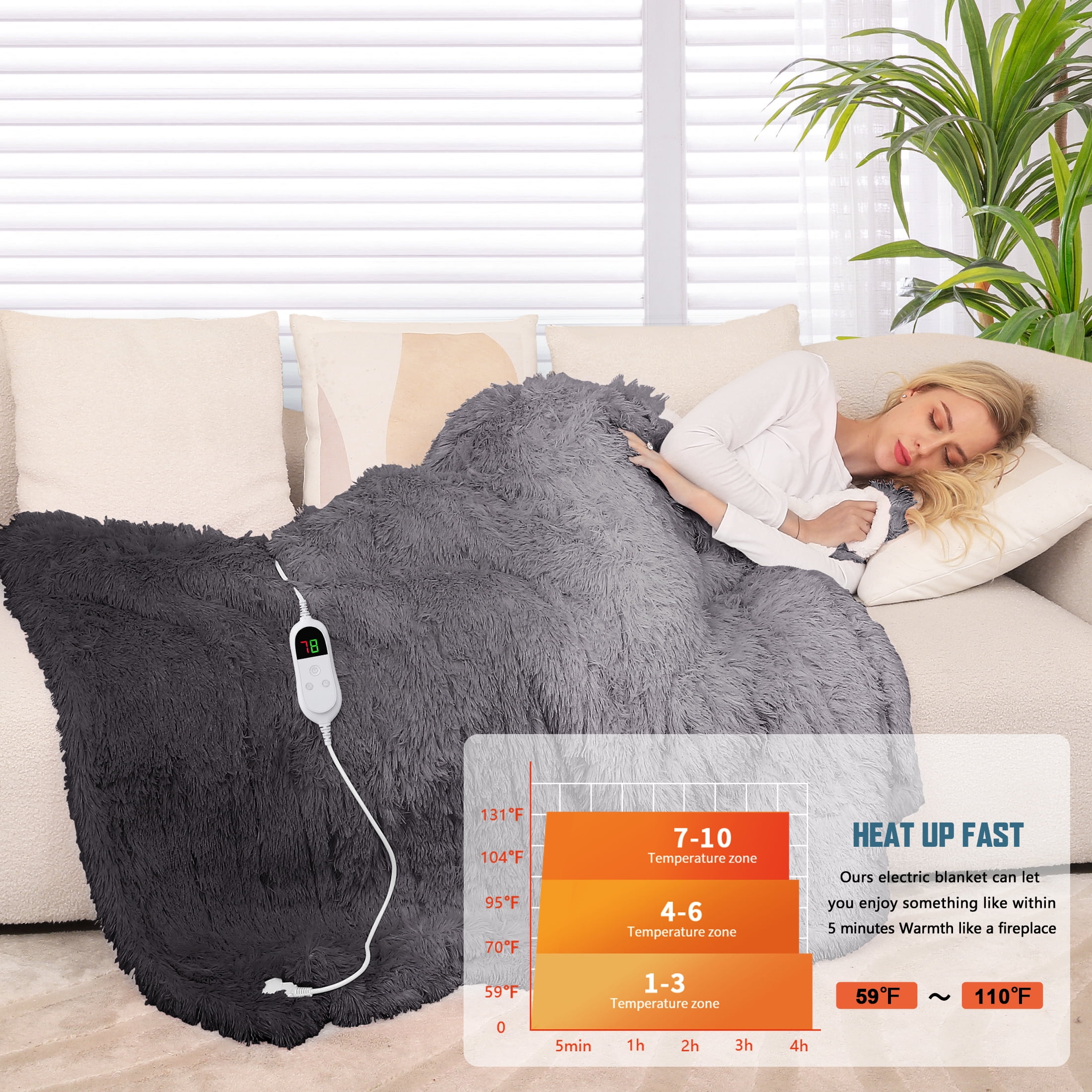 PMONPA Heated Blanket for Adult, Soft Faux Fur & Sherpa Electric Blanket, Fast-Heating with 10 Heating Levels & 5 Options Auto off, 51"x 61", Gray