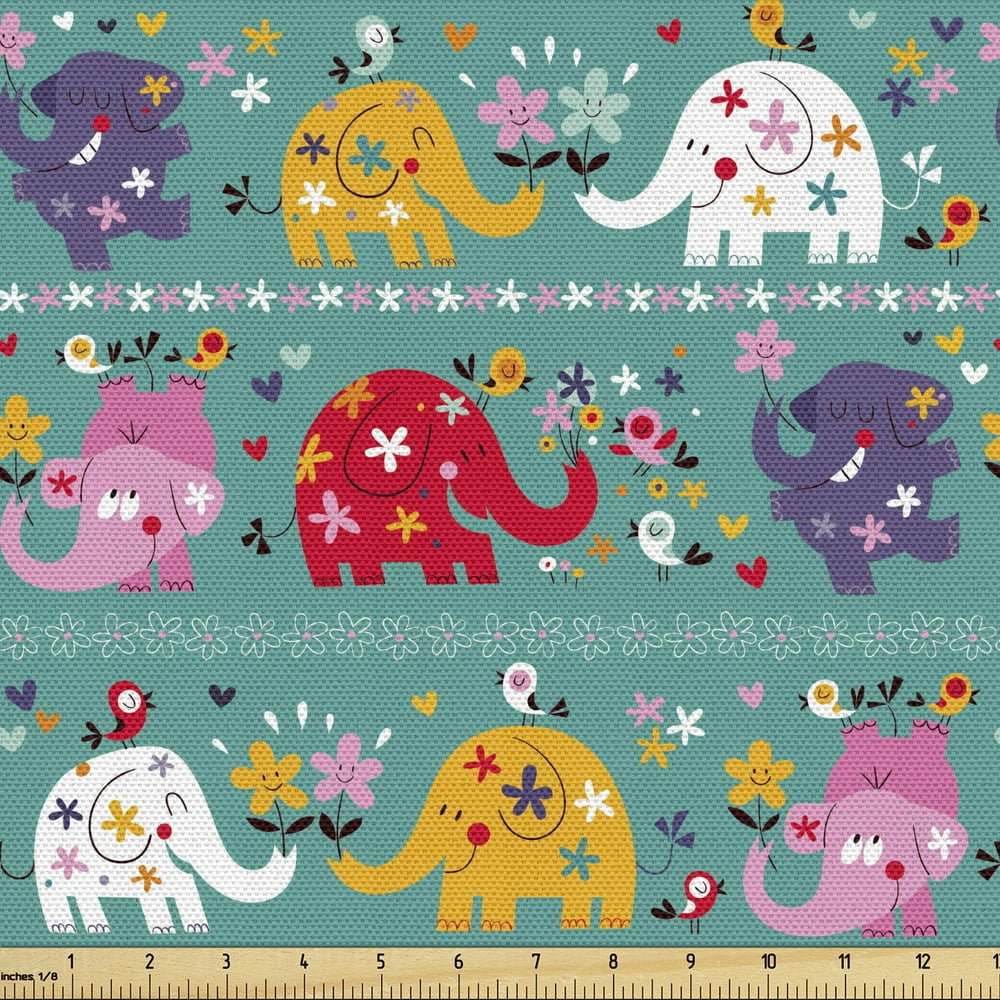 Elephant Nursery Fabric by The Yard, Joyful Kids Pattern Colorful