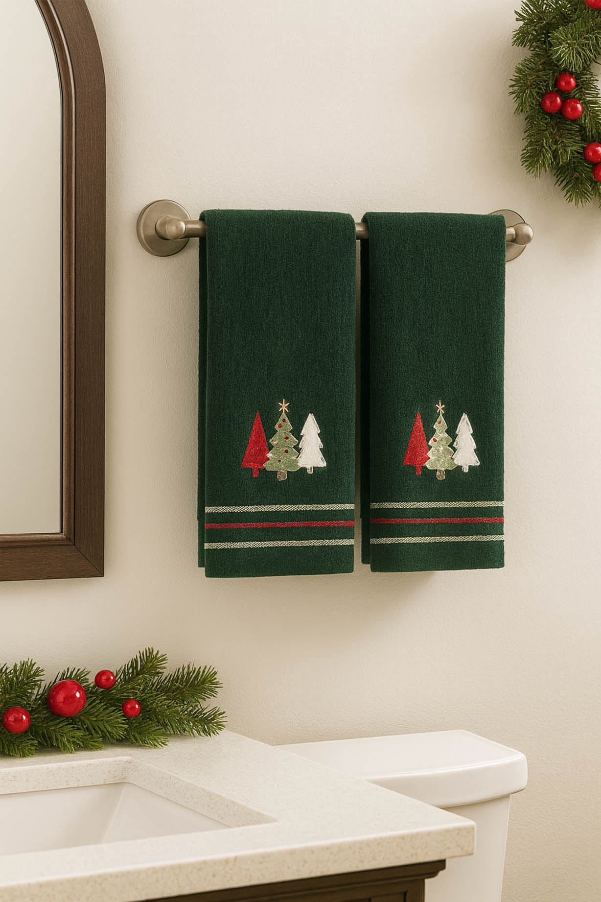 St Nicholas Christmas Tree Trio Green Bath Hand Towels Cotton Set of 2 Pieces