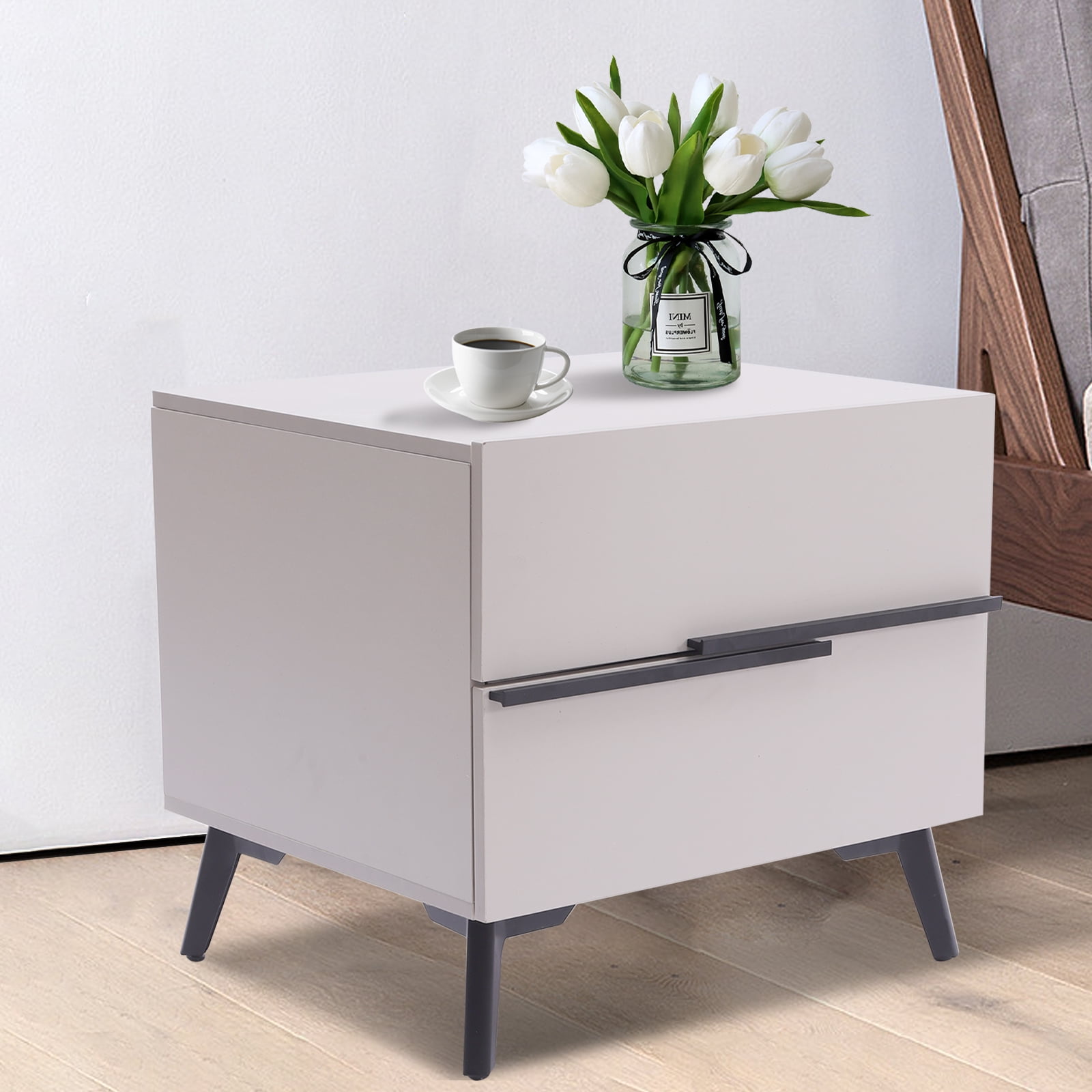 Modern Nightstand with 2 Drawers, Gray Bedside Table with Storage