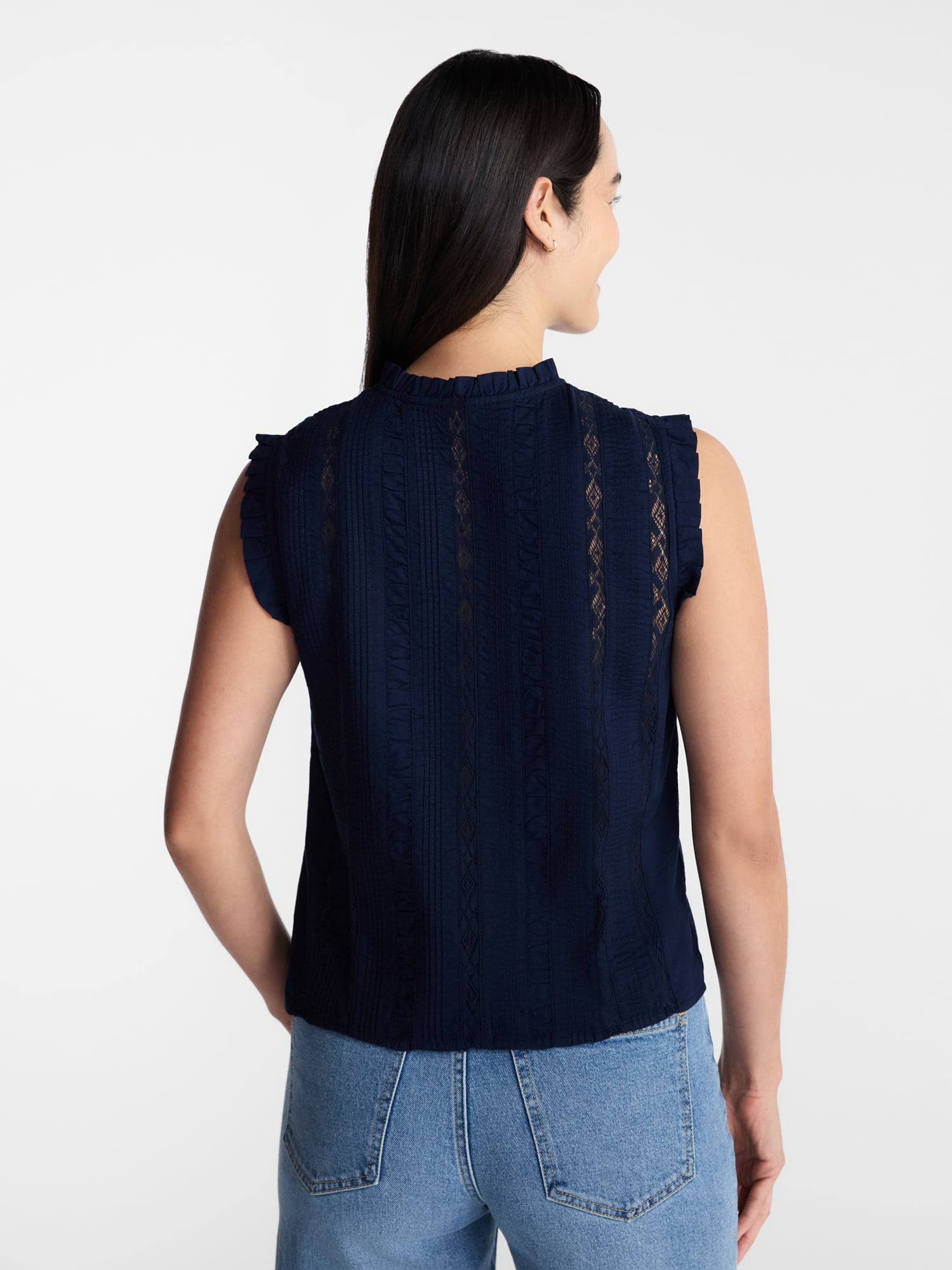 Time and Tru Women's Lace Inset Sleeveless Cotton Top, Sizes XS-XXXL
