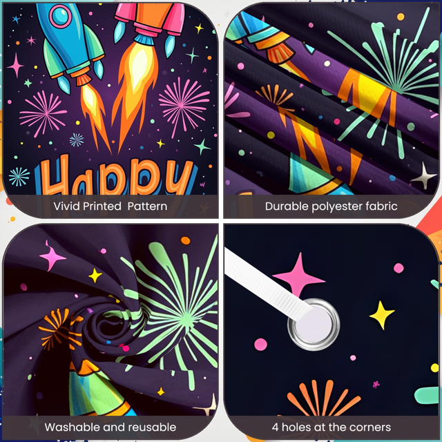 Colorful Space Rocket New Year Celebration Banner for Holiday Party Festive Event Indoor Decoration