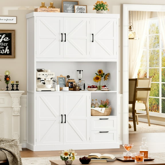 Hiphuta 76"Tall Farmhouse Kitchen Pantry Cabinet, Sturdy Freestanding Kitchen Hutch with Microwave Stand, Large Storage Cabinet for Dining Room, White