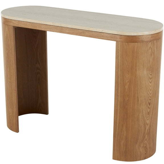 DecMode 44" x 32" Brown Wood Curved Crescent Console Table with Oval Beige Marble Tabletop, 1-Piece