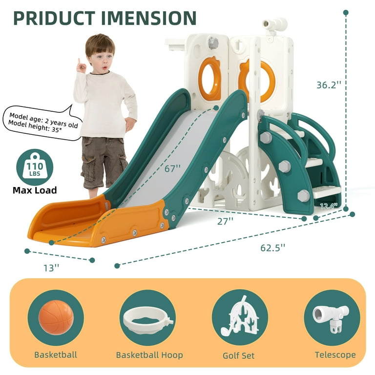 XJD 7-in-1 Toddler Slide Green Indoor Outdoor Kids Plastic Slide