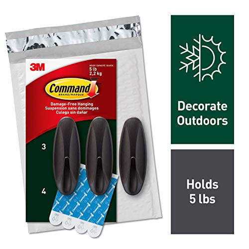 Command Outdoor Hooks, 3 hooks, 4 strips, Decorate Damage-Free, Holds 5 lbs  (AW083BZ-3NA) 