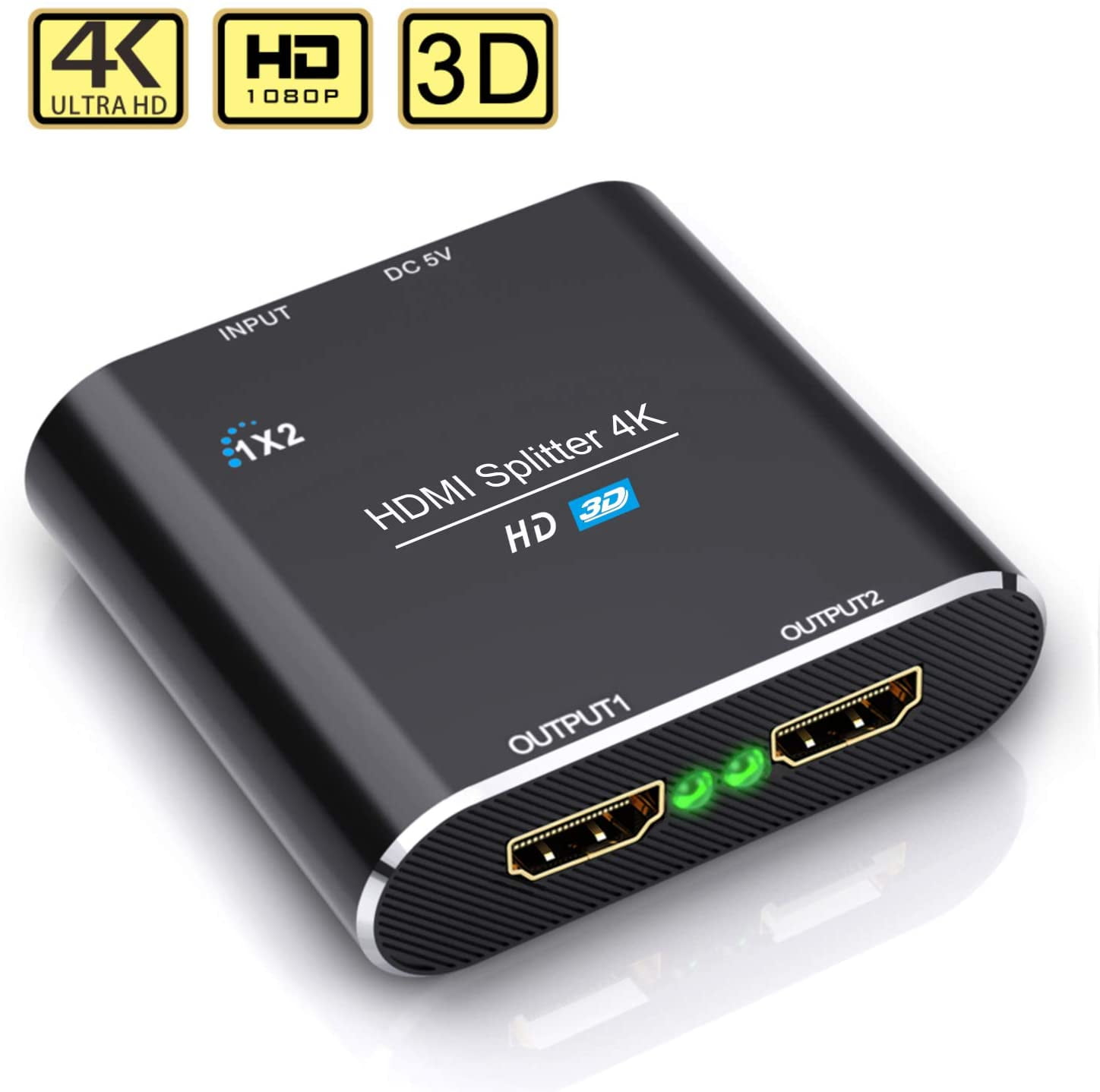 4K HDMI Splitter 1 in 2 Out, GANA 1x2 HDMI Splitter 1 Input to 2 Outputs Switch with AC Adapter