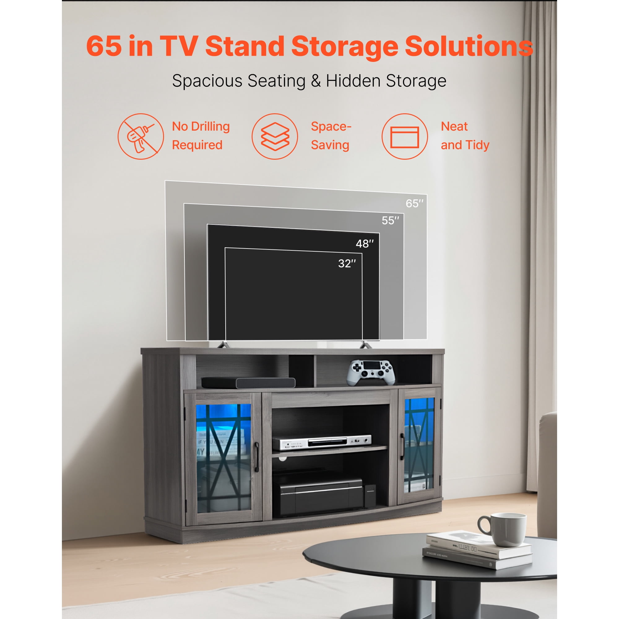 KFFKFF 59" TV Stand for TVs up to 65 Inches, Entertainment Center with LED Light Strip, Wooden Cabinet with Glass Doors and Adjustable Shelves