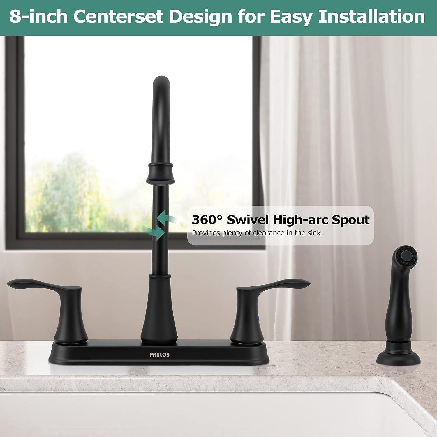 PARLOS 8 Inch Two Handles High Arch Kitchen Sink Faucet with Side Sprayer & Supply Lines, Matte Black