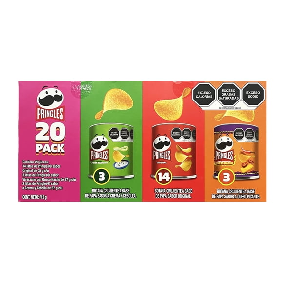 Pringles Papas Surtidas 20 Piezas: 3 Crema y Cebolla + 14 Original + 3 Queso Nacho