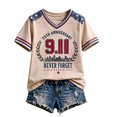thumbnail image 2 of 9/11 25th Anniversary Commemorative T-Shirt for Women Vintage American Flag Print V Neck Short Sleeve Twin Towers Tribute Never Forget Patriotic Daily Wear Top, 2 of 4