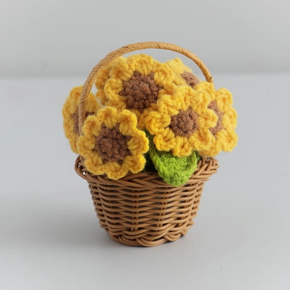 Crochet Flowers Cute Potted Flower Birthday Teacher’s Day Mother's Day Graduation Anniversary Christmas Valentines Decor for Car Dashboard Home Office Decoration (1 Pack, Weaved Sunflower Basket)