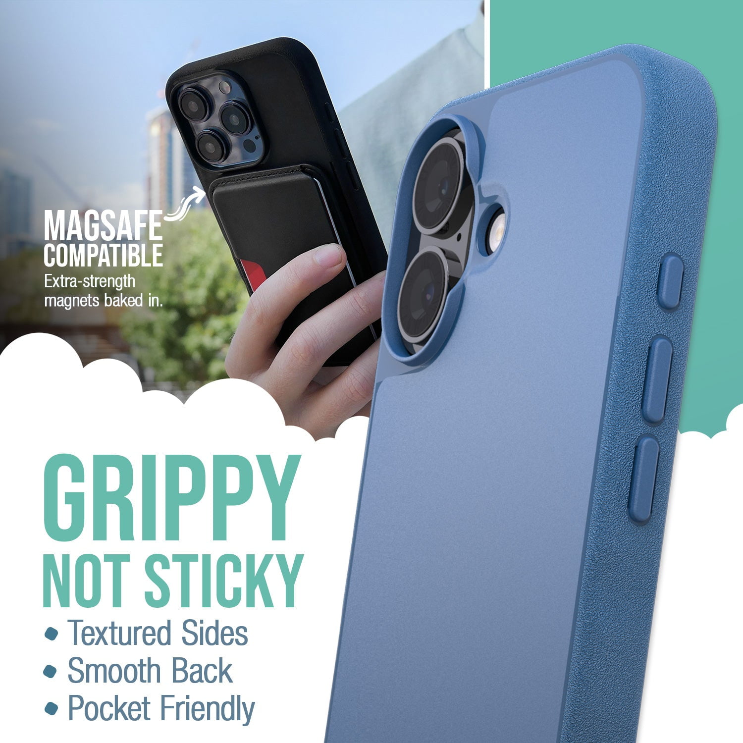 Smartish® iPhone 16 Magnetic Case - Gripmunk Compatible with MagSafe [Lightweight + Protective] Slim & Thin Grip Cover with Microfiber Lining for Apple iPhone 16 - Blues on the Green