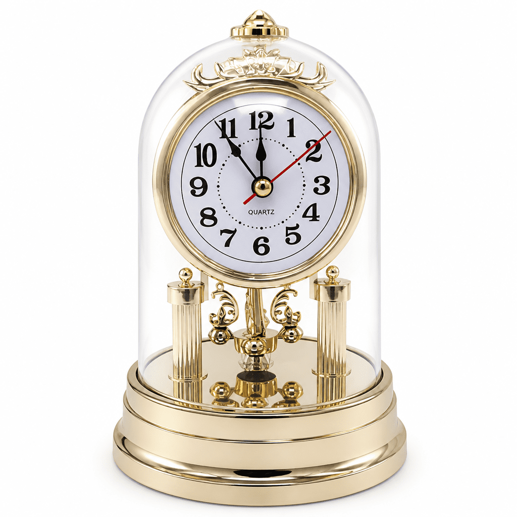 AURENIX Classic Vintage Clock European Style Desk Antique Clock with Pendulum and Chime,Plastic Dome,Triple Crown Finial,Revolving Synthetic Crystals,Loud Alarm,Home Decoration,Gold,11X16.8cm