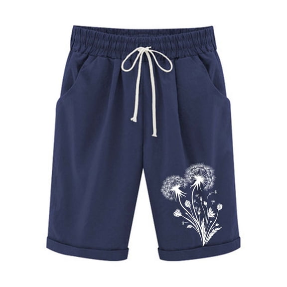 LEAVINGSUO Bermuda Shorts for Women Plus Size Women’s Printed Elastic Waist For Casual With Casual Pockets Half Shorts Pants Navy XL