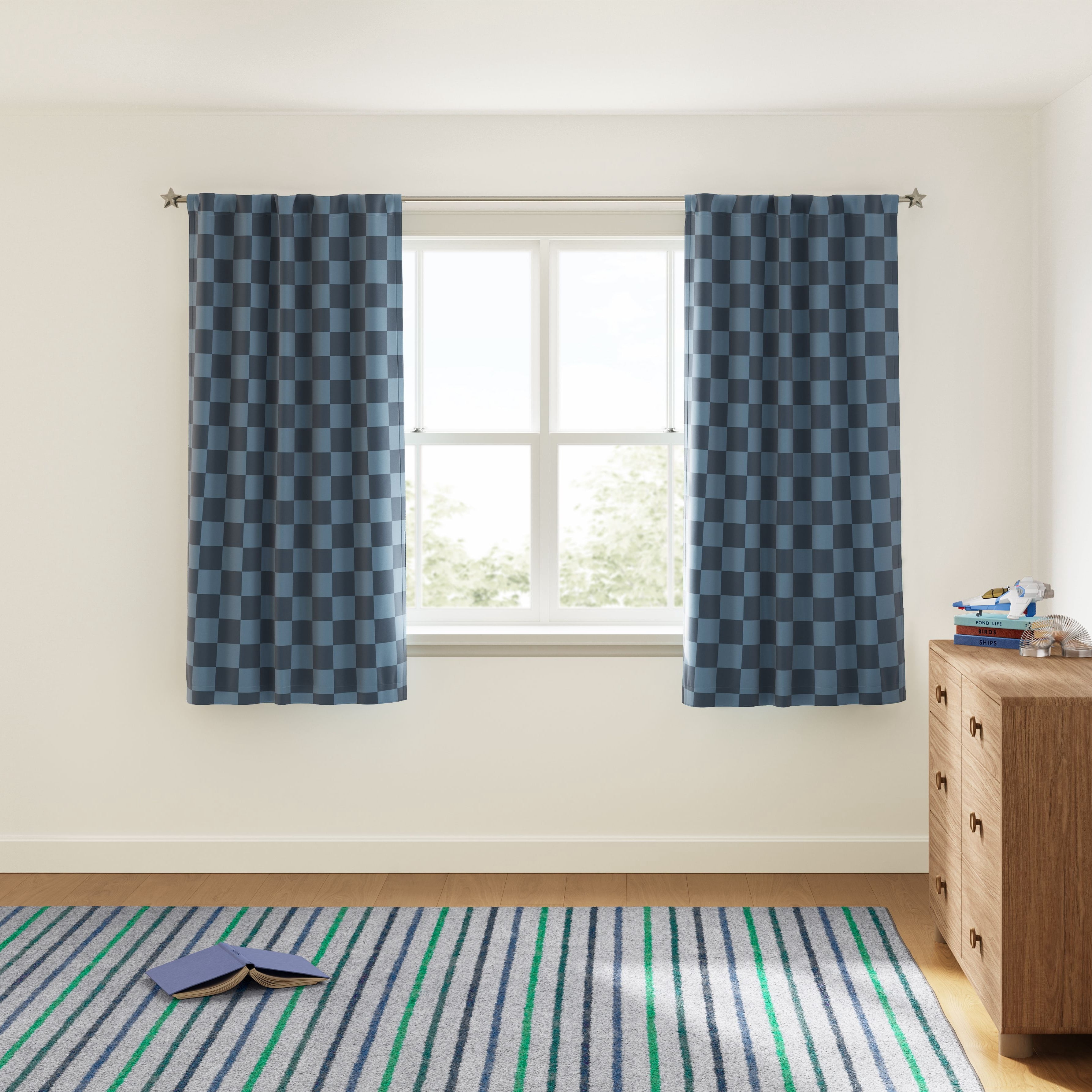 Mainstays Kids Navy Blue Check Printed Blackout Rod Pocket with Back Tabs Single Curtain Panel, Set of 1, 38" W x 63" L