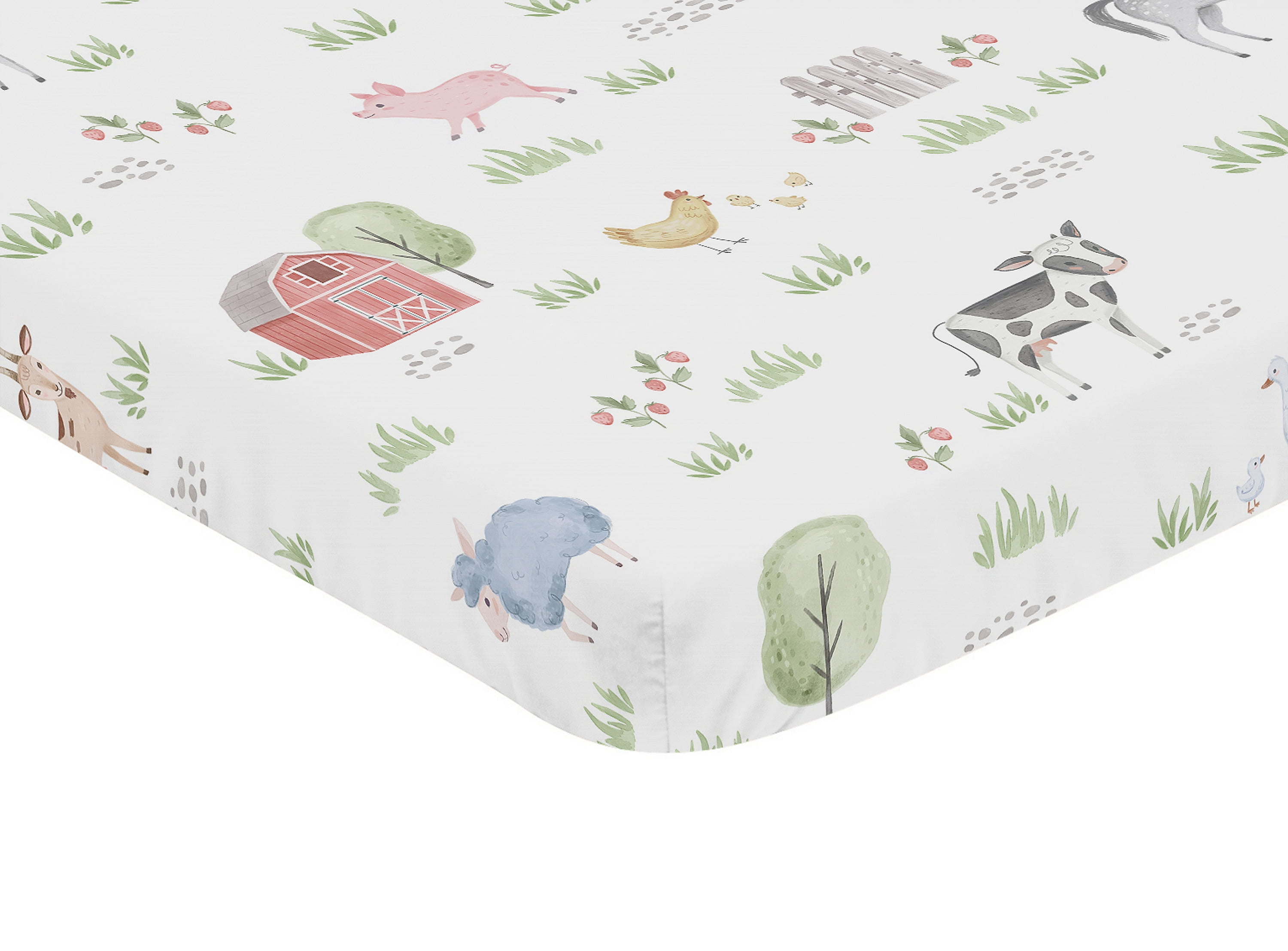 Sweet Jojo Designs Farm Animals Gray Green Grey Red Mini Fitted Crib Sheet